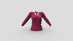 Female V Neck Sweater With Shirt Under office, green, neck, winter, white, shirt, fashion, girls, top, long, clothes, jumper, pink, v, sleeves, sweater, womens, wear, formal, pbr, low, poly, female, black