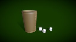 Dice Cup leather, white, fortune, brown, gambling, typical, low-poly-model, numbers, dices, stiched, game, lowpoly, cup, black