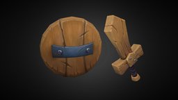 Sword and Shield wooden, prop, handpaint, props, shieldsword, weapon, handpainted, game, lowpoly, gameasset, wood, sword, stylized, fantasy, shield, gameready