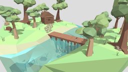 Low Poly Forest tree, forest, river, lake, island, hut, nature, swamp, brigde, lowpoly, wood, simple