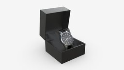 Wristwatch with Steel Bracelet in box 01 hour, style, time, clock, pillow, classic, metal, box, second, wristwatch, swiss, dial, minute, chronograph, 3d, pbr, watch, steel, bracelet