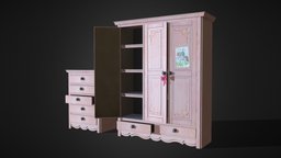 Soft pink wardrobe (Game Ready) room, cute, bedroom, children, soft, furniture, pink, color, damaged, wardrobe, old, nightstand, low-poly, lowpoly, gameasset, gameready
