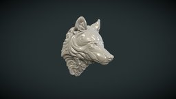 Stylized Wolf head beast, ornate, mammal, scrolls, decor, statue, head, baroque, canine, fir, mascaron, carnivora, wolf, sculpture