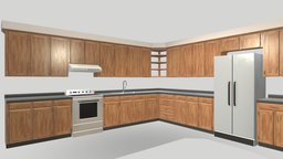 Kitchen Cabinets with Appliances storage, sink, stove, counter, drawers, kitchen, refrigerator, appliances, vent, cabinets, countertop, cupboard, hinges, base-cabinet, woodgrain, wood, interior, full-kitchen, cabinet-hardware, upper-cabinet, raised-panel, cabinet-doors