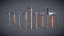Medieval Ax Set 01 set, obj, game-ready, middle-age, fbx-mesh, axe-weapon, axe-lowpoly, wood, steel
