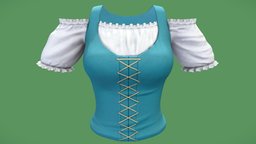 Female Medieval Frill Top short, green, neck, cute, white, trim, fashion, medieval, up, line, girls, top, clothes, farmer, real, sweet, villager, sleeves, womens, lace, wear, frill, crop, pheasant, pbr, low, poly, female, ruffled