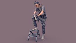 Worker in Gray Stands on a Stepladder stand, garage, ladder, photorealistic, thinking, service, worker, labor, tool, professional, uniform, builder, photoreal, step, overall, resting, headlamp, handyman, coveralls, man, construction