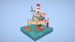 Flooded lighthouse fish, style, 3dart, lighthouse, 3dcoat, game, blender, blender3d, gameasset, house, home, wood, stylized, fantasy, concept, sea, boat