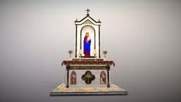 Altar shrine with the Madonna and Child cathedral, lod, ruby, child, candle, decorative, marble, shrine, goblet, candlestick, altar, statue, lace, holy, tablecloth, pbr, sculpture, interior, church, gold, gameready, maddona