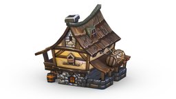 Cartoon Old Bandit Hotel Tovern House Building bar, wooden, toon, historic, towerdefense, hotel, board, antique, defense, planks, window, barn, canteen, hut, boulder, plaster, enemy, old, beam, shingles, shelter, gatehouse, barrack, bandit, tower-defense, lowpoly-gameasset-gameready, lowpolymodel, homestead, guesthouse, handpainted, architecture, low-poly, cartoon, lowpoly, stone, gameasset, house, building, textured, "door", "gameready", "tovern"