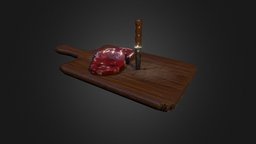 Cutting board with raw meat food, raw, wooden, meat, ornament, used, tavern, kitchen, ornaments, scratched, cutting-board, cuttingboard, kitchenset, tavern-medieval, knife, fantasy, steel, rawmeat