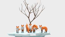 Foxes winter, snow, fox, canine, blender, lowpoly