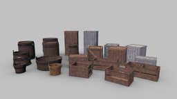 wooden medieval props crate, bucket, storage, wooden, barrel, basket, tub, old, vat, medivial, substancepainter, substance, pbr, noai