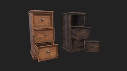 Wood File Cabinet wooden, drawing, vintage, detailed, file, furniture, cabinet, openable, asset, game, lowpoly, wood, horror