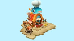 Fish house food, fruit, bucket, fish, pipe, grass, barrel, plate, ham, apple, frying, pan, milk, dried, onion, cheese, flour, bonfire, decanter, hand-painted, low, poly, house, shop
