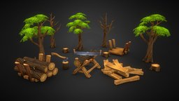 Wood extraction saw, tree, sawmill, axe, wood, handpainted-lowpoly, stump-stump-tree-stump-of-wood, mobileassets