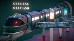 Crystal Station Monorail C- Line train, red, syfy, transport, cityscene, station, monorail, pbr-texturing, public_transport, substance, blender, pbr
