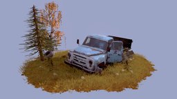 Abandoned truck trees, truck, abandoned, grass, transport, rusty, classic, vechicle, old, substancepainter, gameart, car