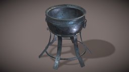 Worn Brazier fireplace, pot, stand, standing, medieval, legs, rusty, worn, burning, outdoor, grill, round, metal, fire, old, brazier, charcoal, fire-pit, downloadble, pbr, container, black, fireholder