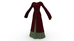 14th Century Medieval Female Gown green, red, palace, fashion, medieval, girls, clothes, century, dress, 14th, gown, beautiful, sage, belt, womens, elegant, wear, maroon, 14th-century, pbr, low, poly, female, gold, royal