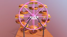Ferris wheel wheel, burger, food, circus, exterior, fun, architectural, crazy, rollercoaster, playground, hamburger, funpark, carnival, attraction, ferriswheel, cabins, playground-equipment, amusement-park, funny, amusment