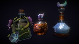 Magical Potions moon, vines, sculpting, crystal, flowers, cork, lava, liquid, potions, stylizedpbr, sketchfabweeklychallenge, substancepainter, glass, photoshop, blender, lowpoly, zbrush, stylized, dragon, magic, gold