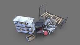 Distressed Furniture Collection red, bed, uv, games, apocalyptic, dead, level, furniture, clean, western, story, props, distressed, game, blender, texture, pbr, chair, low, poly, design, home, wood, environment