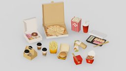Takeaway Fast Food G43 Low-poly burger, coffee, fast, pizza, donut, popcorn, fries, cheese, sushi, takeaway, chinese-food, coconino-forest, pbr, lowpoly, gameready, foodpack
