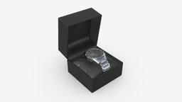 Wristwatch with Steel Bracelet in box 02 hour, style, time, clock, pillow, classic, metal, box, second, wristwatch, swiss, dial, minute, chronograph, 3d, pbr, watch, steel, bracelet