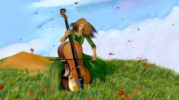 Girl playing the cello music, grass, land, sound, painting, vr, ar, artist, cello, animation3d, animation-character, shadowless, texturing, girl, 3d, art, conceptart, animation, abstract, leaves, concept, playinggirl, girl-with-cello