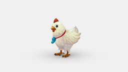 Cartoon white chicken wearing a whistle bird, chick, chicken, farm, lowpolymodel, animal