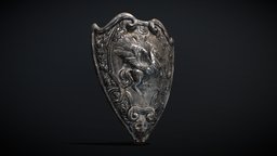 Medieval Shield (Low-poly, game-ready) armor, medieval, shell, cast, guard, antique, gothic, metal, old, patterned, hourse, pattern-engraved, shielg