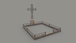 Fenced Grave With Ornate Cross | Game Assets unreal, cemetery, grave, midpoly, metal, props, decorations, game-ready, unity, lowpoly, eastern-european-style, metal-crate, grave-fence, noai, ornate-cross, graveyard-decorations, old-cross