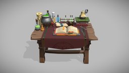 Stylized Alchemy Table wooden, pot, set, key, medieval, flame, candle, jar, table, alchemist, spell, props, print, scroll, magical, potion, tablecloth, sorcery, stamp, beaker, alchemical, knife, book, pbr, lowpoly, cauldron, witch, gameasset, stylized, fantasy, magic, environment, alchemic, magically, sealing_wax