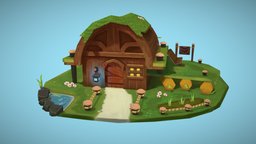 Hand Painted Wood House Scene scene, mushrooms, handpainted, 3d, 3dsmax, substance-painter, house, wood, stylized, environment