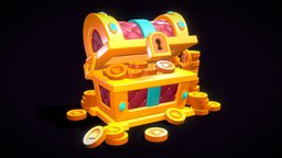 Stylized chest toon, coin, chest, cartoon, game, blender, lowpoly, mobile, stylized