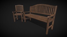 Bench and chair wooden, bench, garden, pbr, lowpoly, chair, gameasset, wood, free, textured, interior