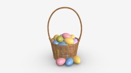 Easter Eggs in Wicker Basket with Handle basket, egg, easter, wicker, handle, holiday, religion, traditional, celebration, tradition, colored, festive, braided, 3d, pbr, design, decoration