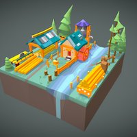Sawmill in the forest tree, forest, lowpoly, gameasset, gameready
