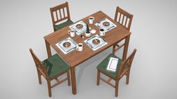 PHR Table & Chairs wooden, chairs, table, vr, ar, arrr, game-ready, phrizee, blender, pbr, chair