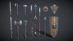 Nordic Fantasy Weapon Set arrow, set, axes, bow, staff, shields, scepter, swords, maces, pbr-game-ready, fantasy