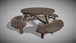 8 Seater Round Picnic Table Low Poly Game Ready wooden, bench, picnic, 8, seat, worn, table, dirty, seating, sit, game-ready, worn-out, picnic-table, substancepainter, substance, low-poly, lowpoly, wood, gameready, picnic-bench