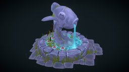 Abandoned fountain figure, fountain, handpaint, old, lilies, stylization, lowpoly, fantasy, handpainted-lowpoly