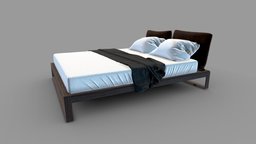 Bed with a black coverlet wooden, bed, bedroom, pillow, blanket, rest, interior-design, lie, coverlet, low-poly