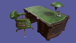 Vintage noir office low poly desk office, desk, vintage, antique, noir, old, desk-lamp, desk-table, low-poly, pbr, lowpoly, chair