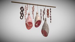 3D meats and sausages model object, food, raw, pig, restaurant, exterior, ham, hanging, meat, unreal, cook, market, obj, ready, eating, eat, grilling, grill, fbx, realistic, old, kitchen, cooking, loaf, butcher, sausage, hang, barbeque, sausages, modeling, unity, unity3d, asset, game, 3d, low, poly, model, animal, "interior", "environment", "enine"