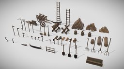 Stylized medieval farm tools hammer, tools, medieval, cart, wheelbarrow, farm, shovel, firewood, rake, pitchfork, axe, stylized, fantasy