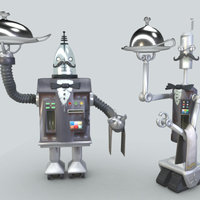 Robot butlers mechanical, retro, british, cartoony, moustache, service, sir, butler, retrofuturism, cartoon, sci-fi, robot