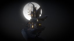 Witch House moon, stairs, bat, rocks, stars, gothic, diorama, bats, witch, house, halloween, light, environment