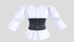 Corset Waist Off Shoulder Peasant Top leather, white, fashion, off, girls, top, clothes, dress, realistic, fabric, womens, shoulder, peasant, wear, corset, metaverse, waist, pbr, low, poly, female, black